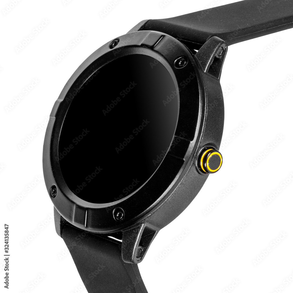 Obraz premium Wireless smart watch in a round matte black case on silicone strap on a white background. Three quarter view close up