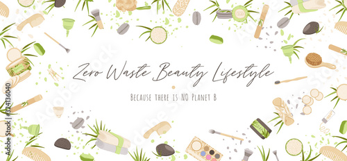 Zero Waste Vector Concept illustration in Minimalism Style, with Reusable and Recycle Zero Waste products about personal care, beauty, hygiene for eco-friendly advertising
