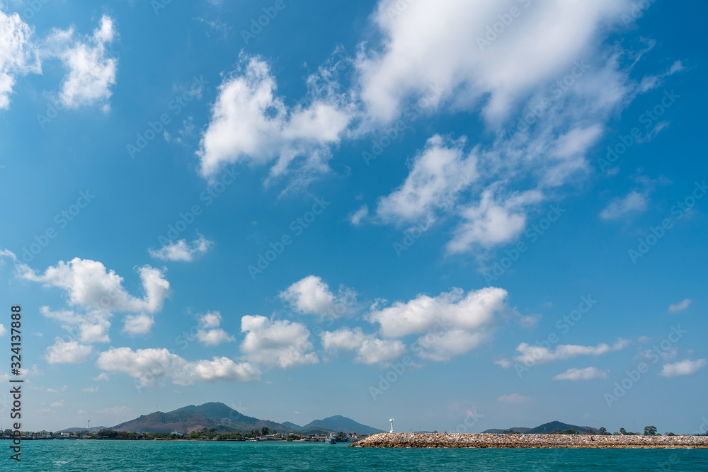 travelling by boat to the beautiful blue sky tropical paradise coast beach sea at Samed Island, Rayong, Koh Samet, Thailand. guilding idea for ocean summer plan 