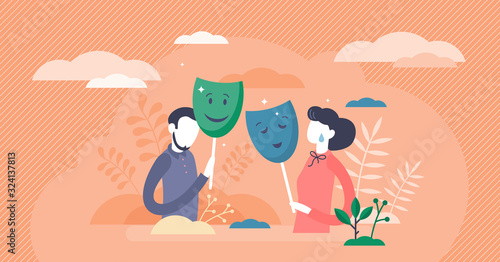 Masking true feelings concept, flat tiny persons couple vector illustration