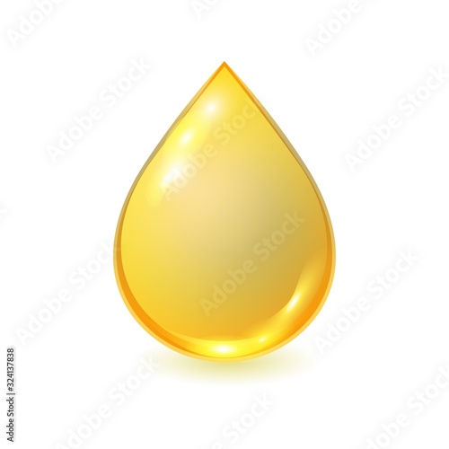 Vector golden oil drop isolated on white background. Realistic illustration. Template for petrochemical or olive advertising.