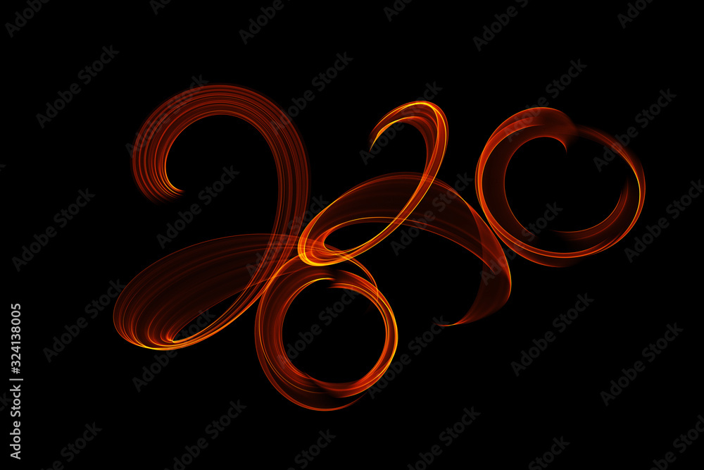 Happy new year 2020 isolated numbers lettering written with fire flame or smoke on black background Happy new year 2020 isolated numbers lettering written with fire flame or smoke on black background