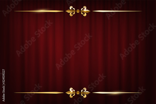 Vintage golden border isolated on red curtain background. Vector retro design element.