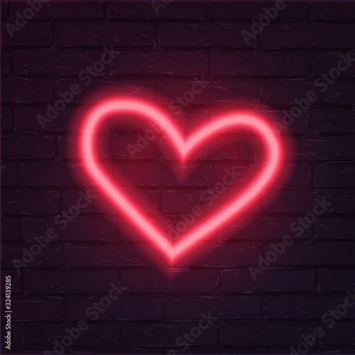 Neon red heart vector illustration. Romantic icon isolated on brick wall background. Love holiday celebration symbol. Valentine postcard, greeting card decorative design element.