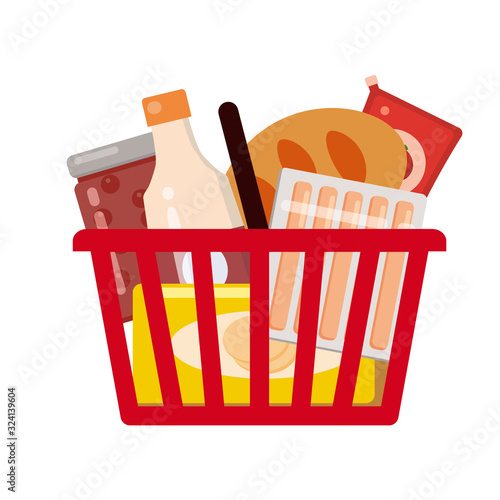 Supermarket self service shopping cart basket full grocery food products