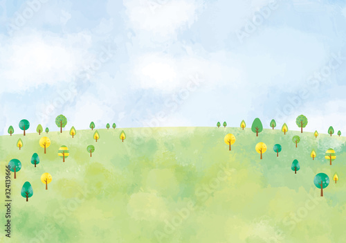 風景：水彩　水彩画　背景　背景素材　風景　にじみ　丘　草原　野原　春　夏　秋　冬　原っぱ　高原　森