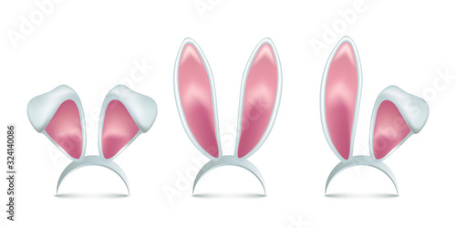 Rabbit ears realistic 3d vector illustrations set. Easter bunny ears kid headband, mask collection. Hare costume pink cartoon element. Photo editor, booth, video chat app color isolated cliparts.