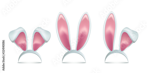 Rabbit ears realistic 3d vector illustrations set. Easter bunny ears kid headband, mask collection. Hare costume pink cartoon element. Photo editor, booth, video chat app color isolated cliparts.