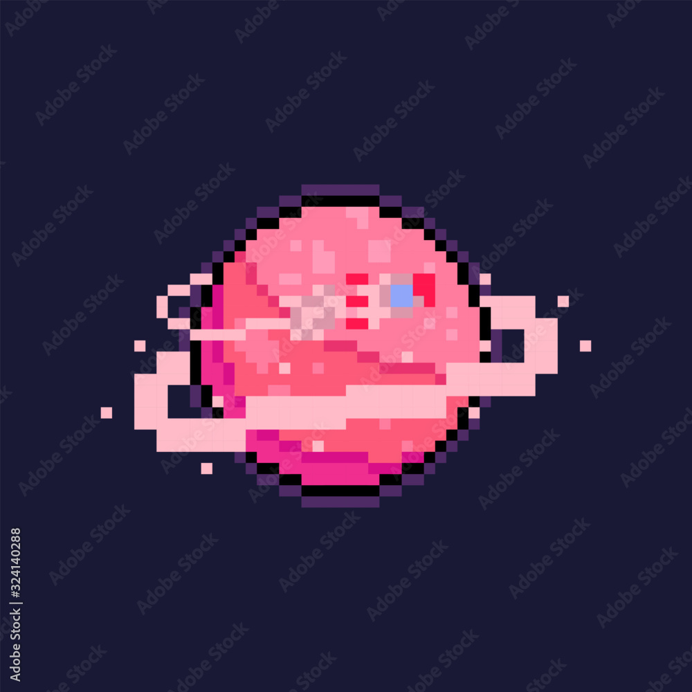 Pink Pixelplanet Pixel art cartoon pink planet with rocket. Stock Vector | Adobe Stock