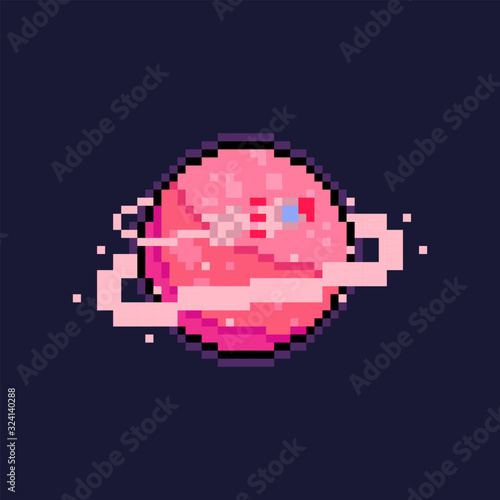 Pixel art cartoon pink planet with rocket.