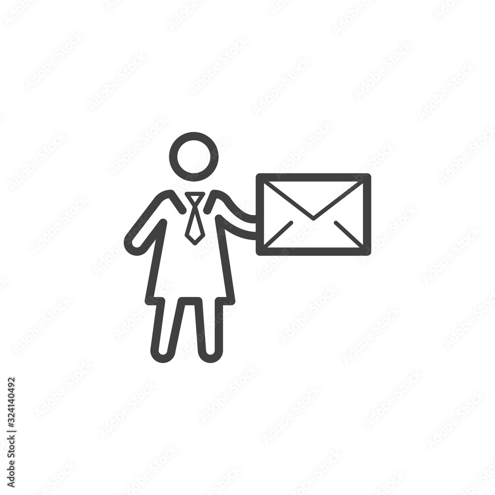 Business woman with envelope mail line icon. linear style sign for mobile concept and web design. Email Marketing outline vector icon. Symbol, logo illustration. Vector graphics Business woman with envelope mail line icon. linear style sign for mobile concept and web design. Email Marketing outline vector icon. Symbol, logo illustration. Vector graphics