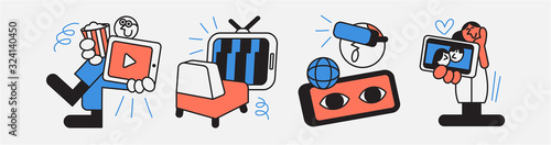 Illustrations set for mobile commerce, mobile entertainment, mobile tv/video in modern style and minimal designs.