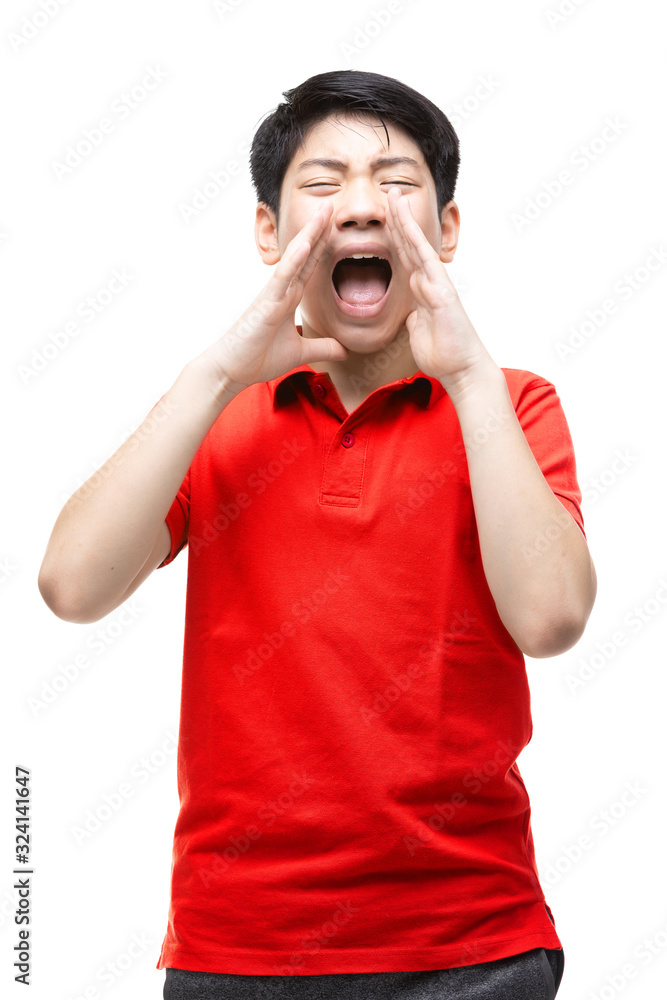 .Asian boy wearing a red shirt Shouting loudly on a white backgroundAsian boy wearing a red shirt Shouting loudly on a white background .Asian boy wearing a red shirt Shouting loudly on a white backgroundAsian boy wearing a red shirt Shouting loudly on a white background