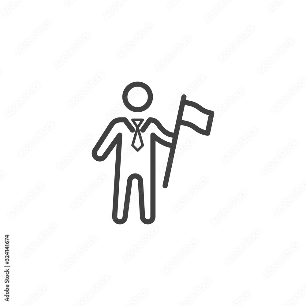 Businessman with flag line icon. linear style sign for mobile concept and web design. Goal achievement outline vector icon. Symbol, logo illustration. Vector graphics Businessman with flag line icon. linear style sign for mobile concept and web design. Goal achievement outline vector icon. Symbol, logo illustration. Vector graphics