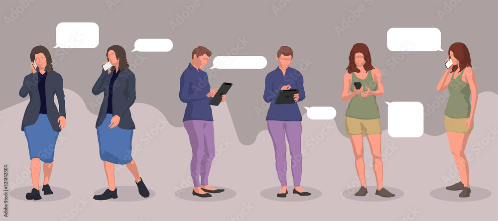 The girl is talking on the phone. Set of isolated girls with phone and tablet. The girl is talking on the phone. Set of isolated girls with phone and tablet.