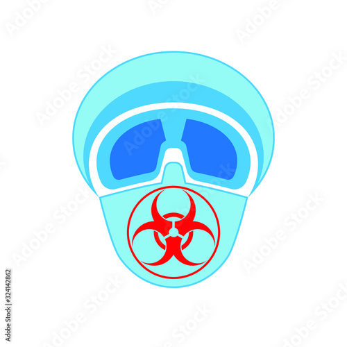 Head in safety glasses mask biohazard sign. Means of individual bacteriological chemical protection.