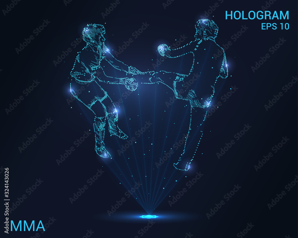 MMA hologram. Holographic projection fights without rules. Flickering energy flux of particles. The scientific design of the sport.