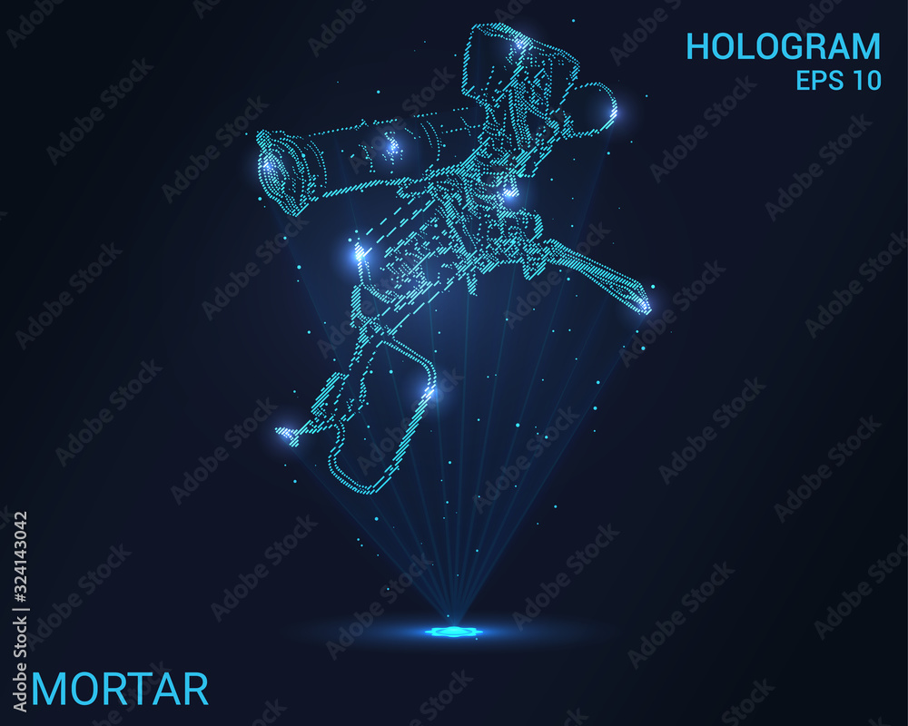 Hologram grenade launcher. Holographic projection of grenade launcher. Flickering energy flux of particles. The scientific design of the weapon.