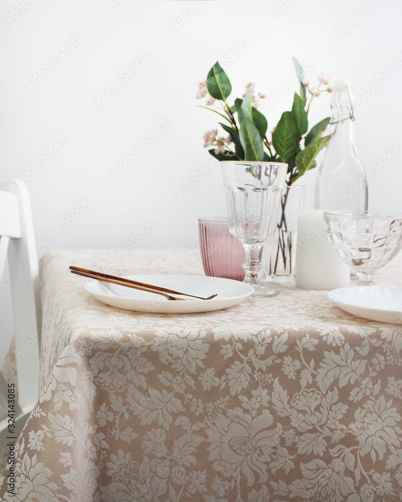 table with holiday decor and dishes, close-up table with holiday decor and dishes, close-up
