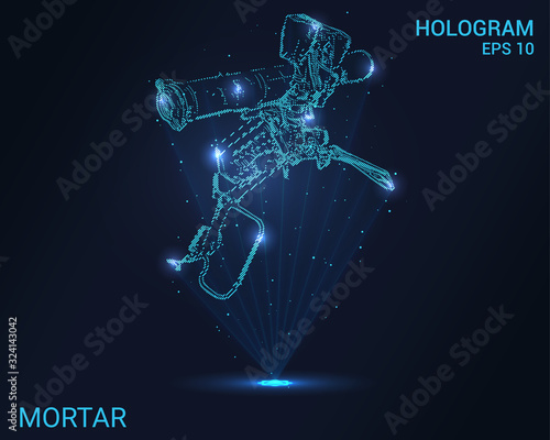 Hologram grenade launcher. Holographic projection of grenade launcher. Flickering energy flux of particles. The scientific design of the weapon.