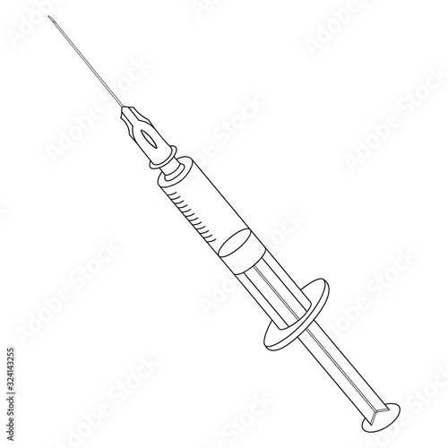 Injection, vaccination. Sketch. Vector illustration. Syringe for injections, diagnostic punctures and beauty injections. Outline on an isolated background. Medical instrument. Liquid medicine. 