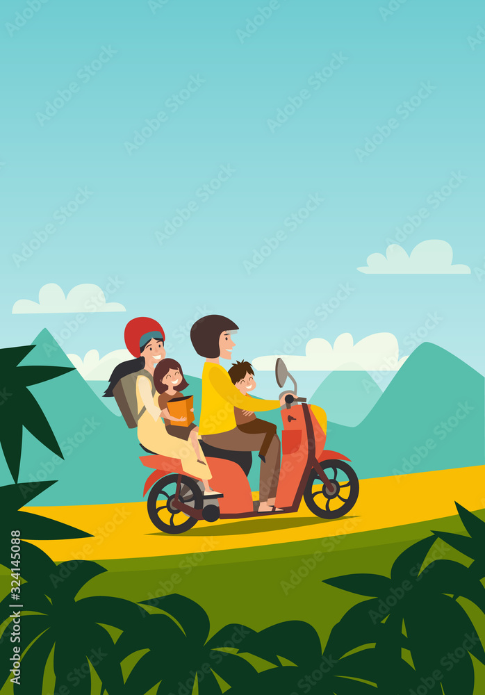Summer family trip by motorbike vector illustration. Happy man, woman and children summer holidays. Cartoon family character on motorbike tropical holiday. Palm background, tourism concept card
