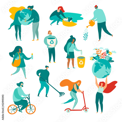 Ecology problems vector illustration. Recycle,zero waste concept.Ecological lifestyle.Man and woman take care about planet. People with eco friendly tools.Flat cartoon set isolated on white background