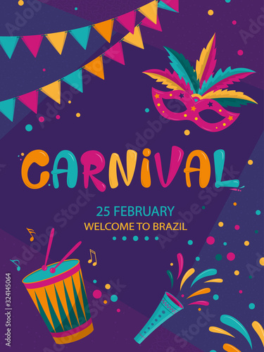 Carnival poster design with dark geometric background. Rio Carnival colorful inscription with mask, garland and drum. Vector template with Colorful Party Elements. Brazilian Rhythm, Dance and Music.