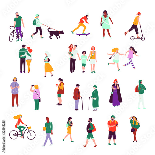Summer people outdoors. Young men and women walking, riding bicycle, kickscooter, skateboarding, taking photo with smartphone, listening music in headphones, walking a dog. Flat illustration isolated.