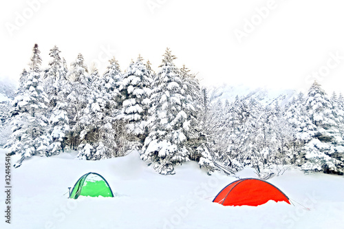 Red and green tents, natural snow hill in Japan Yatsugatake mountains.