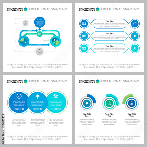 Set of graphic business infographic charts. Can be used for workflow layout, report, presentation slide, web design. Business and accounting concept with radial bar, flow chart and process charts