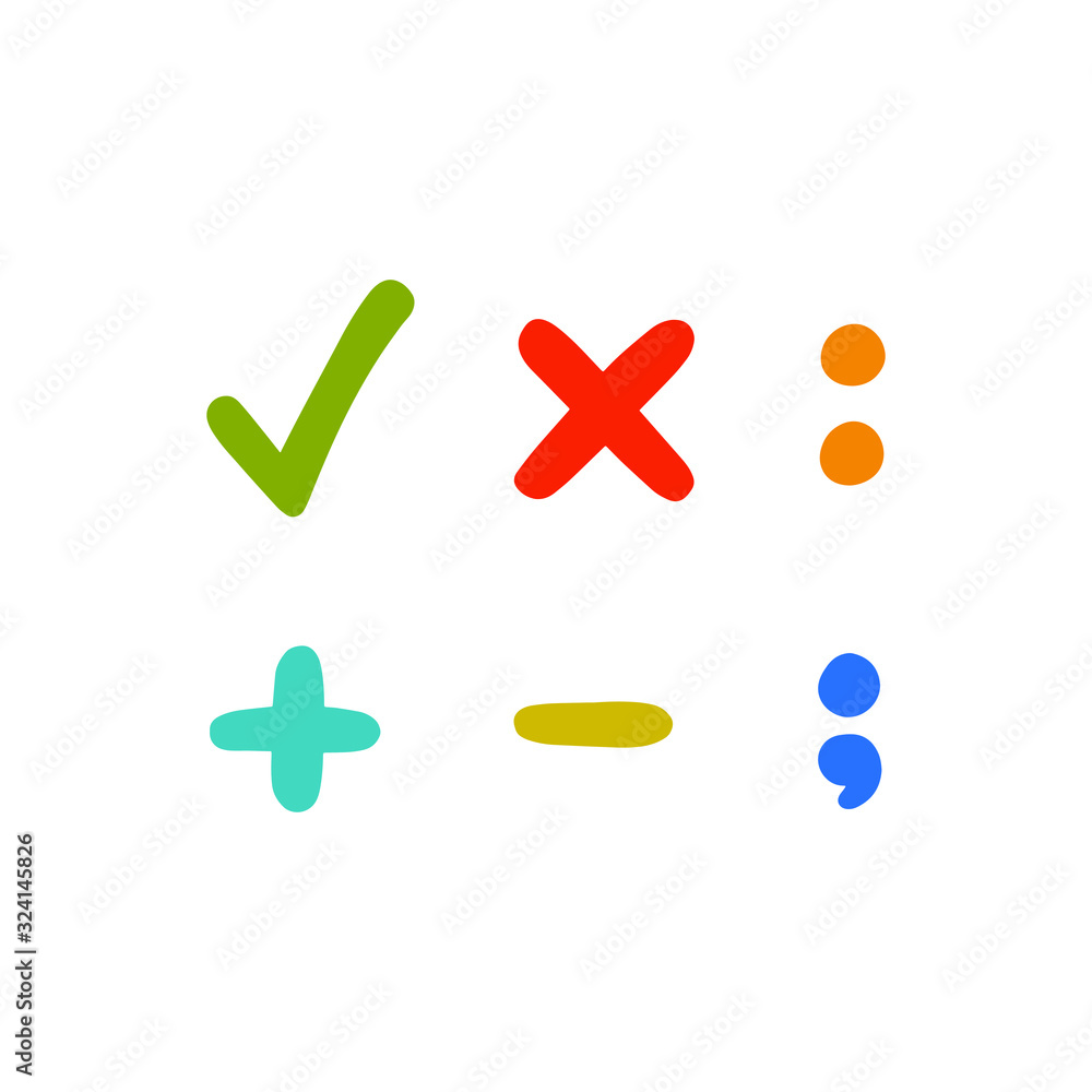 Colored characters symbols: check mark, multiplication sign, colon, plus, minus, semicolon. Colored characters symbols: check mark, multiplication sign, colon, plus, minus, semicolon.