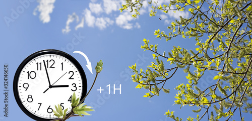 Daylight Saving Time (DST). Blue sky with white clouds and clock. Turn time forward (+1h).