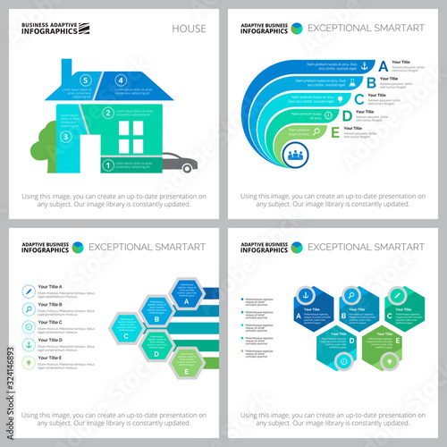 Creative graphs set for marketing report, web design, business project, presentation slide template. Property purchase, analysis concept. House, part, option charts
