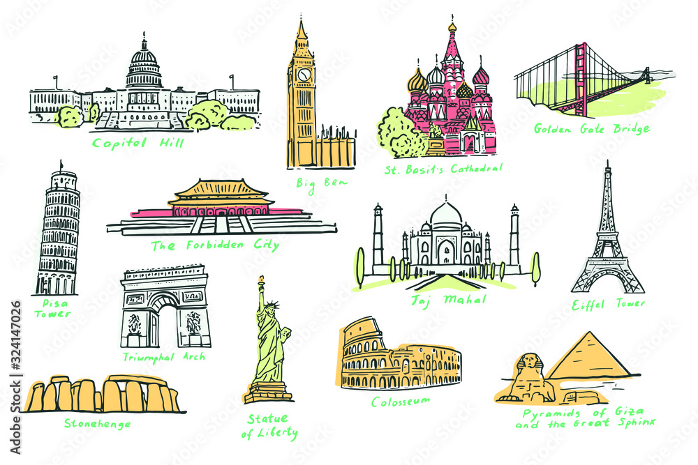 Set of most famous sights of the world. Collection of famous buildings and monuments of different countries and cities. Vector colorful illustrations in sketch style, isolated.