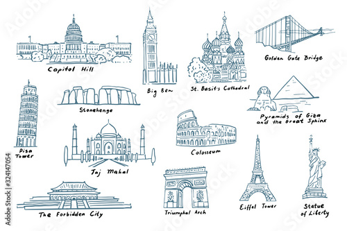 Print op canvas Set of most famous sights of the world