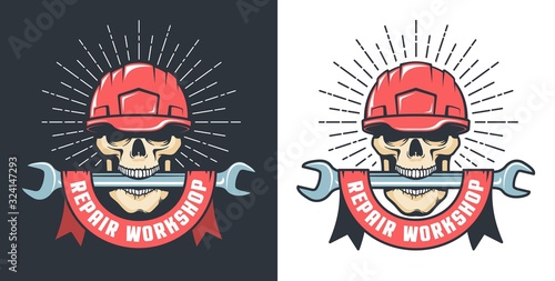 Repair workshop retro logo with skull in hardhat and wrench. Skeleton worker - vintage emblem. vector illustration.