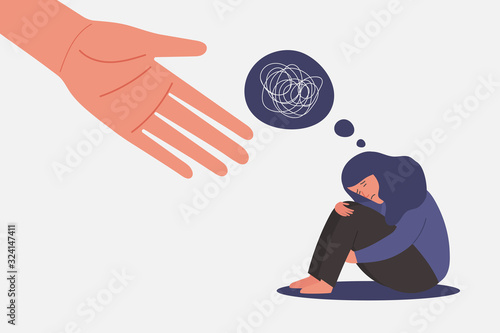 human hand helps unhappy and sad young girl in depression sitting, lonely woman hugging knees with confused on mind, sorrow, mental health concept, cartoon female character vector flat illustration