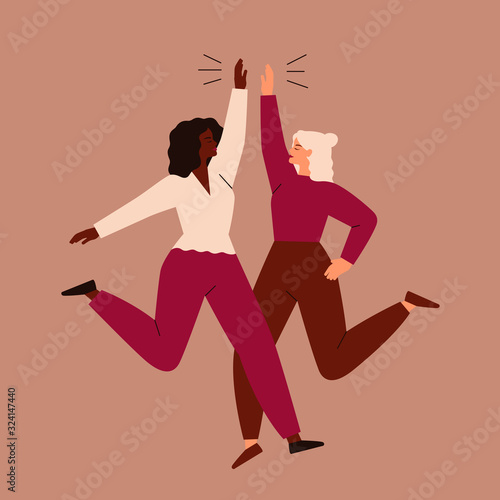 Two women jump and high-five each other. Friendship and teamwork of girls. Vector concept of the female's empowerment movement.
