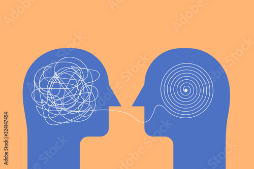 two human heads silhouette with psycho opposite mind concept, therapist and patient, sign symbol vector flat illustration