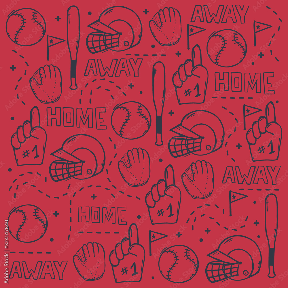 Baseball background with hand draw doodle elements. Template Design