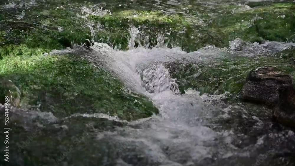 A waterfall with blue algae flows in a stream. A waterfall with blue algae flows in a stream.