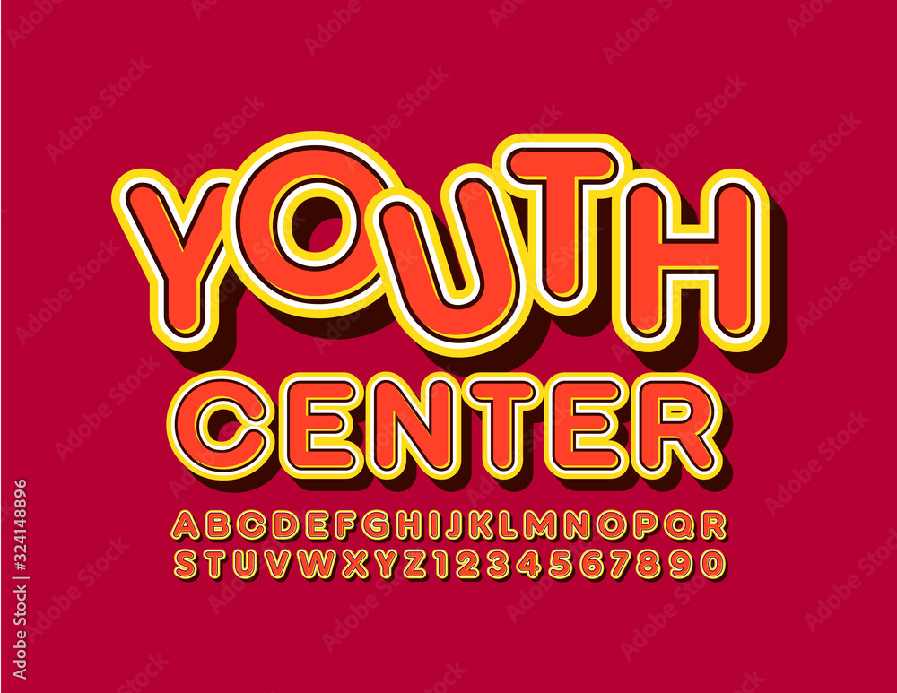 Vector colorful logo Youth Center. Bright Creative Font. Modern Alphabet Letters and Numbers.
