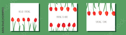 Vector set of greeting card templates with branches of red tulip flowers and green leaves. Design for banner, invitation, promotion offer, spring and summer sale, advertising. Handwritten lettering