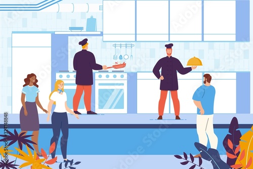Culinary Cooking Show Course on Restaurant Kitchen. Man Chef Character Preparing Dish, Frying Ingredient, Holding Tray with Served Food under Cover. People Audience Oversee Process Illustration