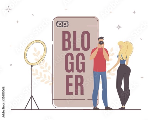 Recording new Video Blogger Important Process. Man with Video Camera Standing by Large Smartphone, Woman Blogger in Front him. Light Ring Gives Good Light for Beautiful Footage, Vector Banner.