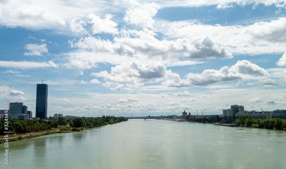 Naklejka premium Beautiful view of Danube river from bridge in Vienna, Austria, summer day