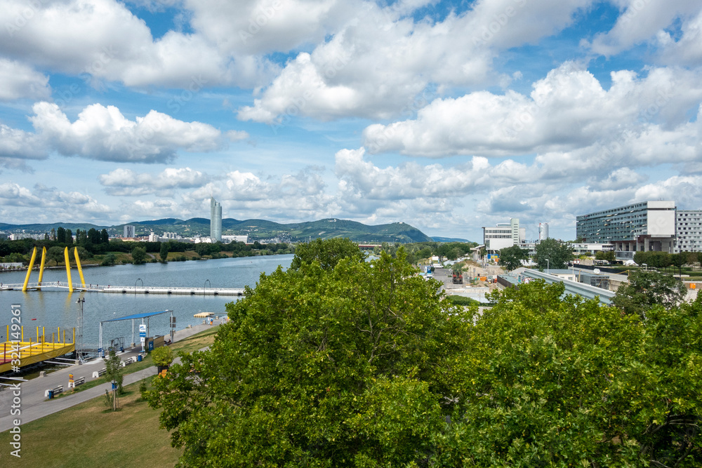 Beautiful view of Danube river from bridge in Vienna, Austria, summer day Beautiful view of Danube river from bridge in Vienna, Austria, summer day