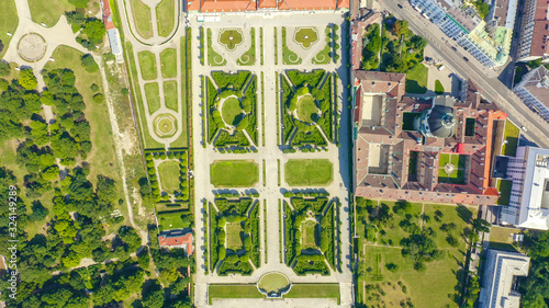 Vienna, Austria. Belvedere is a baroque palace complex in Vienna. Built by Lucas von Hildebrandt at the beginning of the 18th century, Aerial View, HEAD OVER SHOT photo