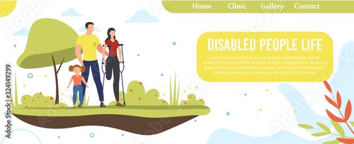 Disabled People Happy Life, Family Support, Healthy Relationships Trendy Flat Vector Web Banner, Landing Page. Husband and Daughter Supporting Disabled Mother, Injured Woman on Crutches Illustration